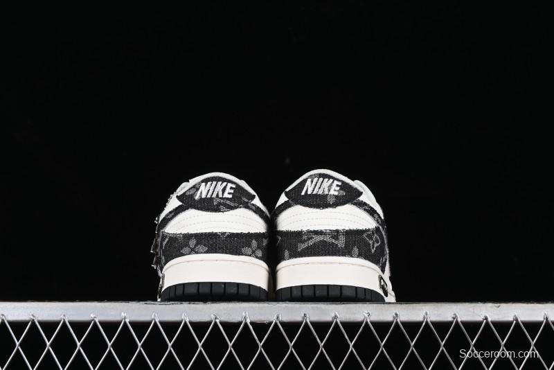 Nike SB Dunk Low LV Collaboration - Black Denim Off-White Black Swoosh Anniversary Custom Low-Top Casual Skate Shoes - DJ2024-009