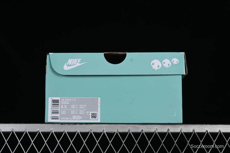 Nike Air Force 1 '07 Low Witch Collaboration Custom Leather Sneakers with Skull and Gradient White-Green Design - CW2288-111