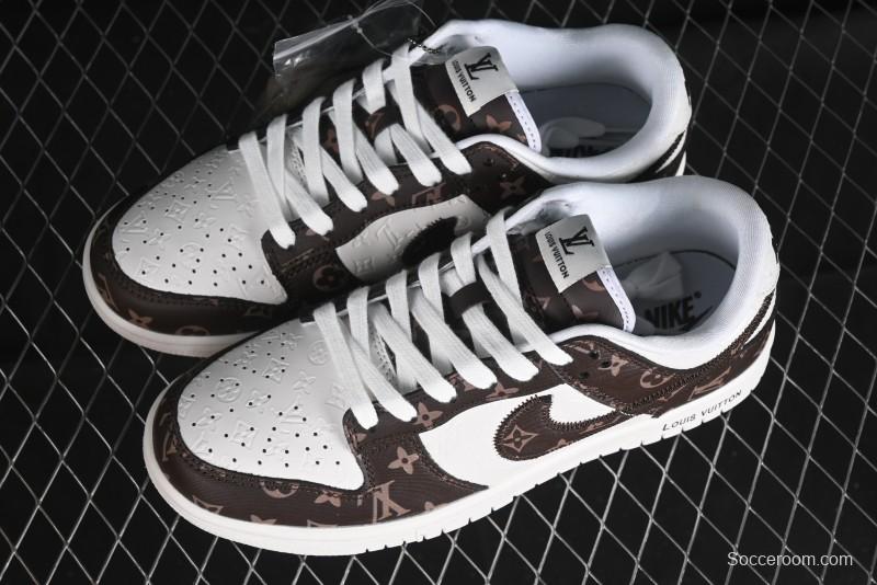 Nike SB Dunk Low LV Collaboration - Embossed White Brown Print Anniversary High-End Custom Low-Top Casual Sneakers - DQ1098-360
