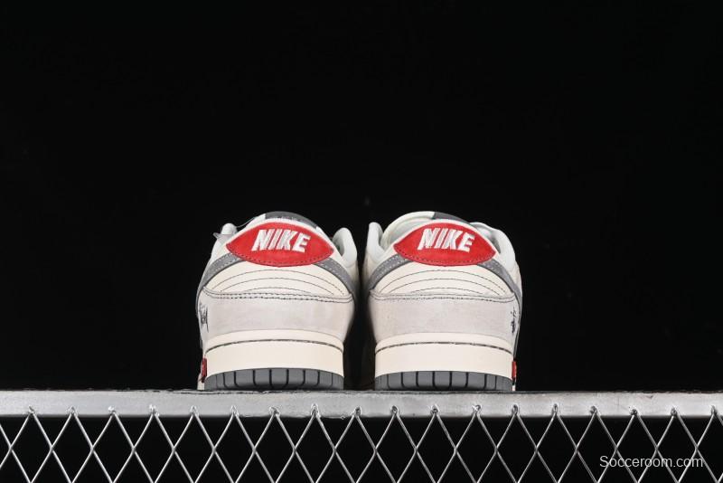 Nike SB Dunk Low Stussy Collaboration - Embroidered Grey Swoosh Anniversary Custom Low-Top Casual Sneakers - MM1089-033