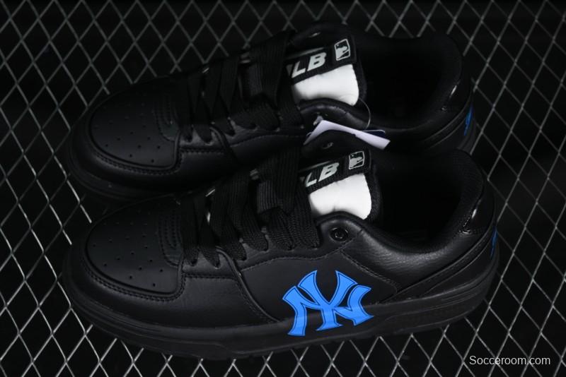 NY Yankees Black Leather Sneakers with Bold Blue Logo