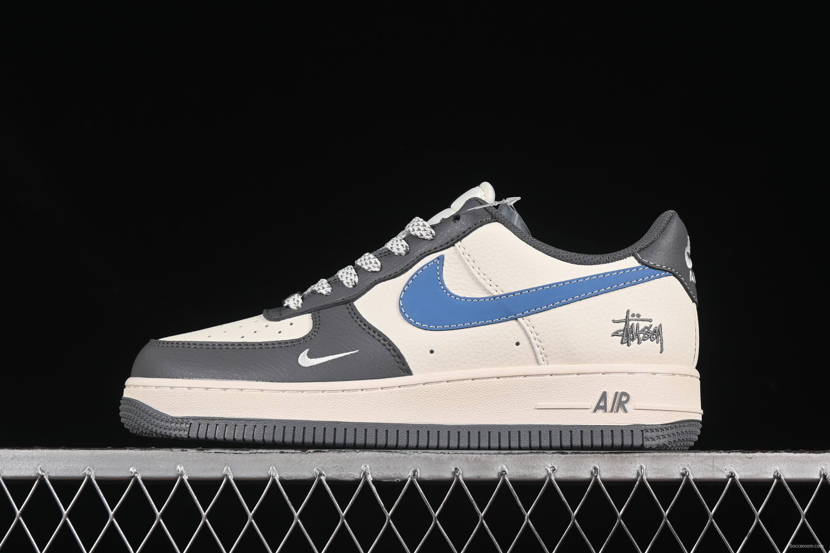 Nike Air Force 1 '07 Low Stussy Collaboration Light Grey Sky Blue Swoosh Casual Sneakers - XS1958-574