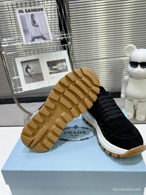 2025 Unisex Prada Black Suede Leather Sneakers KFY00310