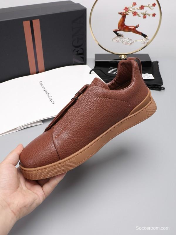 2024 Men Ermenegildo Zegna Brown Leather Low Top Sneakers MJ00240