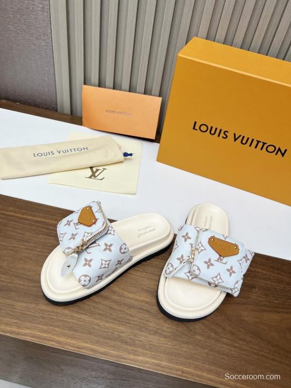 2025 Women Louis Vuitton White Brown Canvas Slippers KFY00230