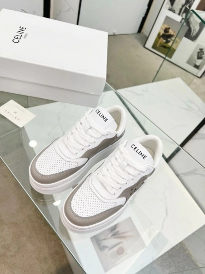2025 Women Celine White Grey Leather Block Triomphe Sneakers LY00270