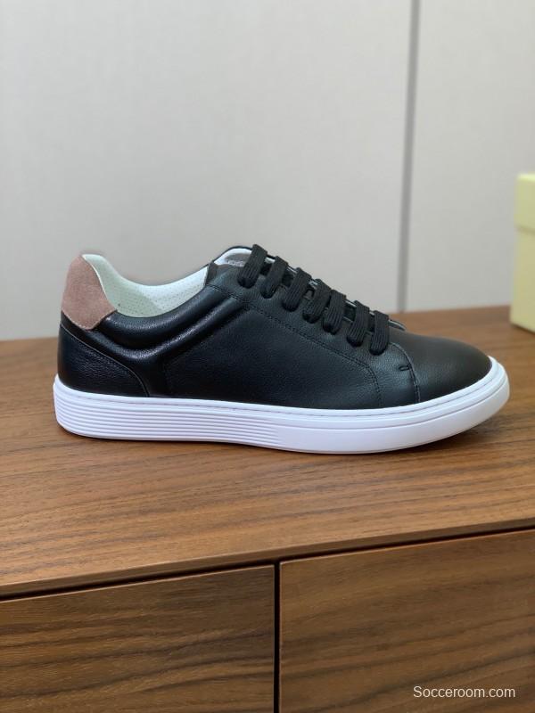 2025 Men Brunello Cucinelli Black Leather Casual Sneakers With White Rubber Sole And High Elasticity Insole KFY00310(M)