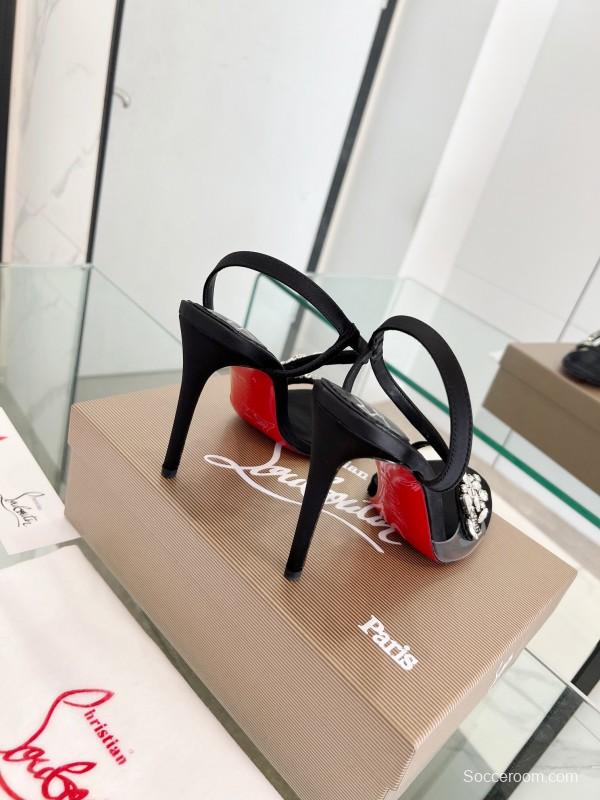2025 Women ChristianLouboutin Black Satin High Heel Sandals Crystal Embellishment LY00300