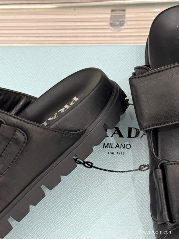 2025 Women Prada Black Leather Slippers KFY00240