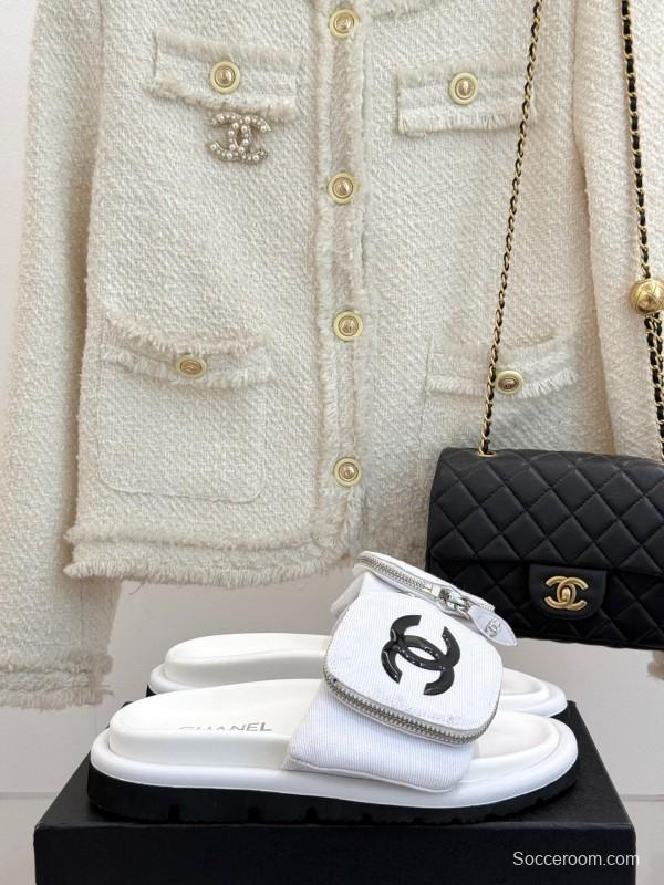 2025 CHANEL White Canvas Slippers KFY00220