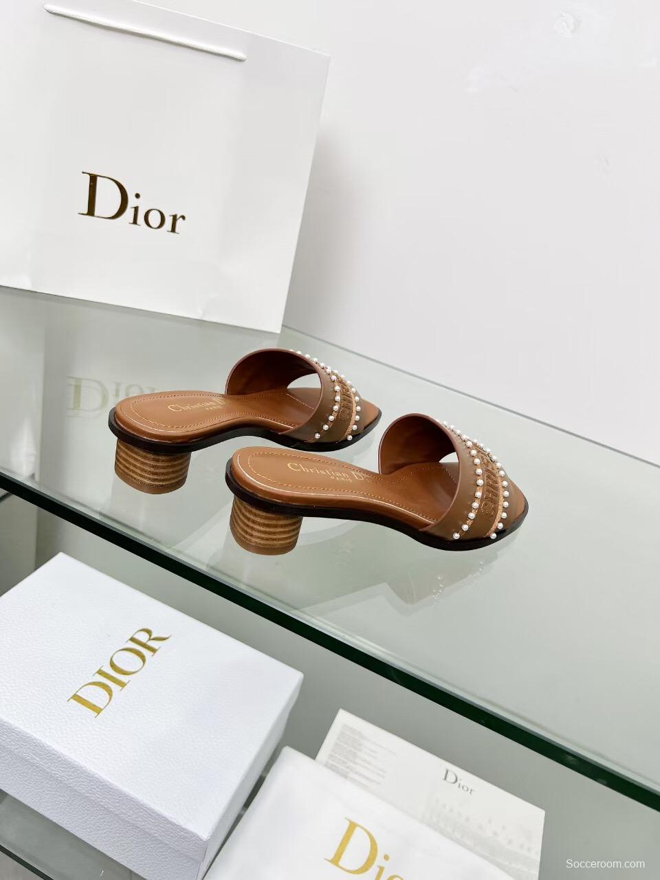 2025 Women Dior Brown Leather Mule Beaded LY00210