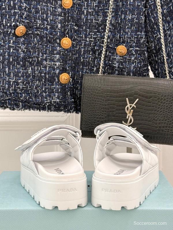 2025 Slippers Prada White Leather Quilted Velcro Strap KFY00250
