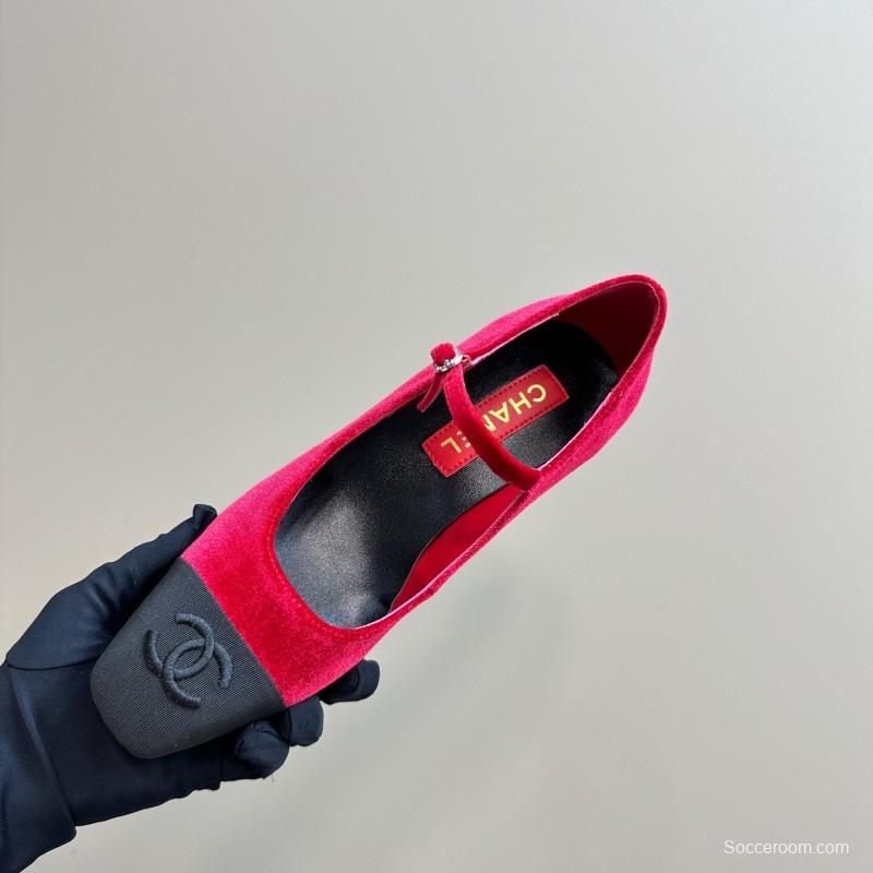 2025 Women Chanel Red Black Suede Leather Mary Jane Logo KFY00290