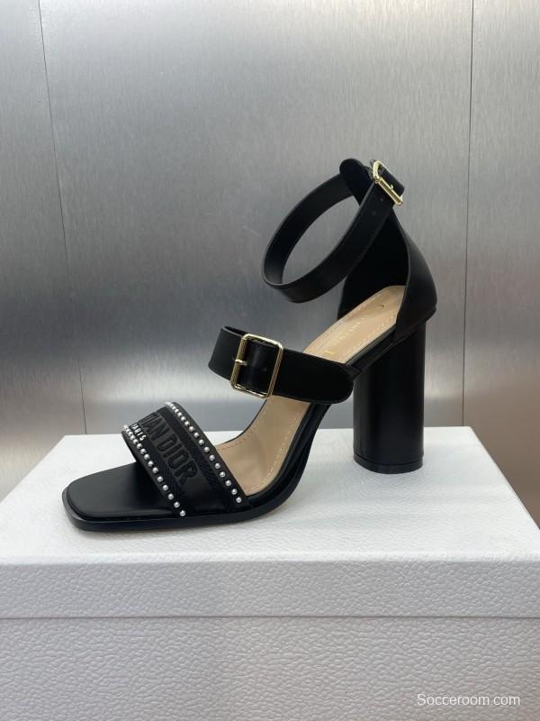2025 Women Dior Black Leather High Heel Sandals Studded KFY00320