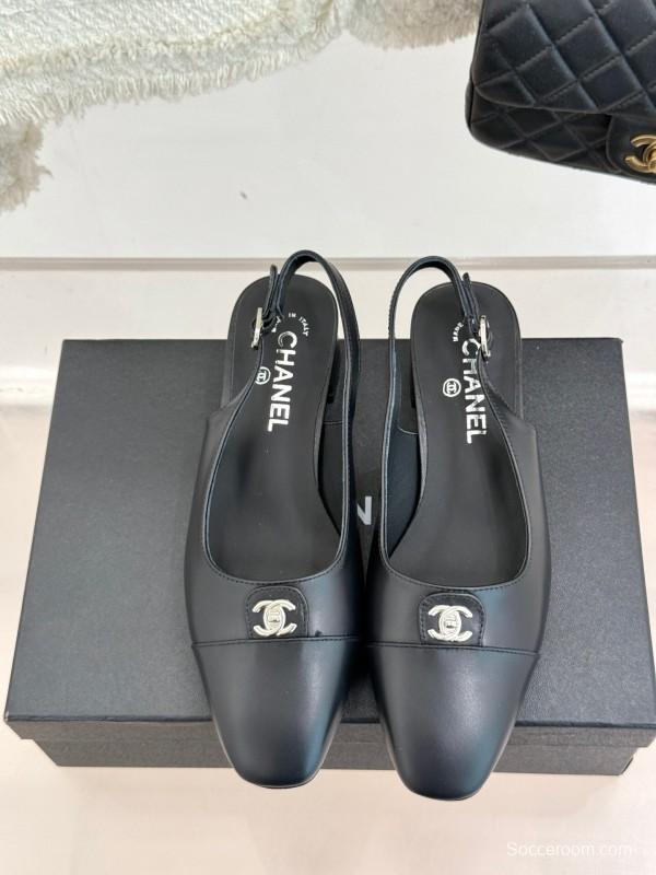 2025 Women Chanel Black Leather Slingback Flats