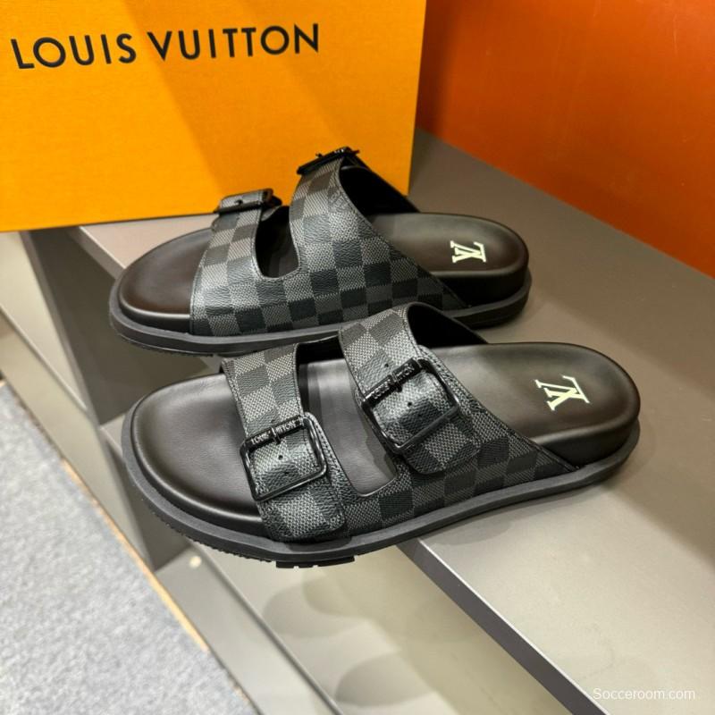 2024 Slippers Louis Vuitton Grey Black Leather Slippers