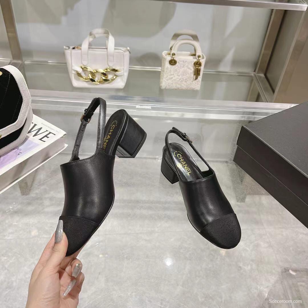 2025 Women Chanel Black Leather Slingback Heels LY00300