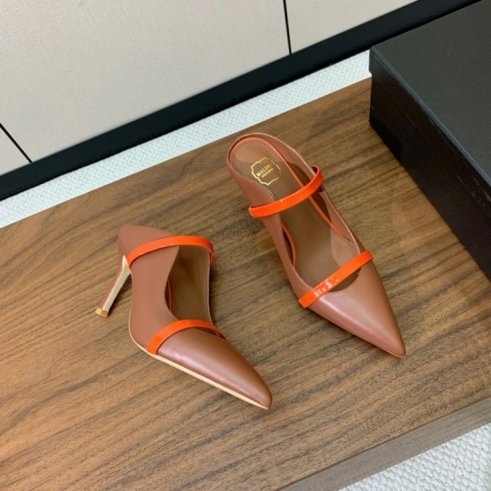 2025 Women Malone Souliers Brown Orange Leather Patent Leather Mid Heel Pumps