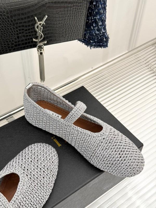 2025 Women AlAIA White Grey Knit Mary Jane Ballet Flat