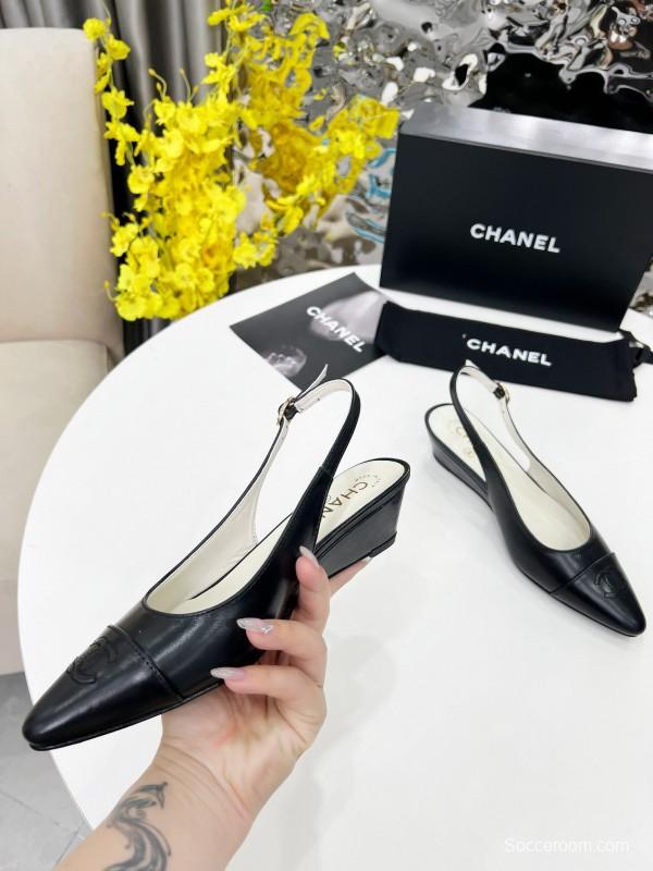 2025 Women Chanel Black Leather Slingback Flats