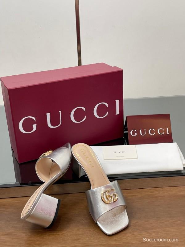 2025 Women Gucci Gold Leather Mules GG Emblem LY00280