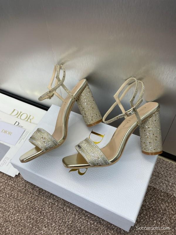 2025 Women Dior Gold Crystal Embellished Leather Sandals KFY00320