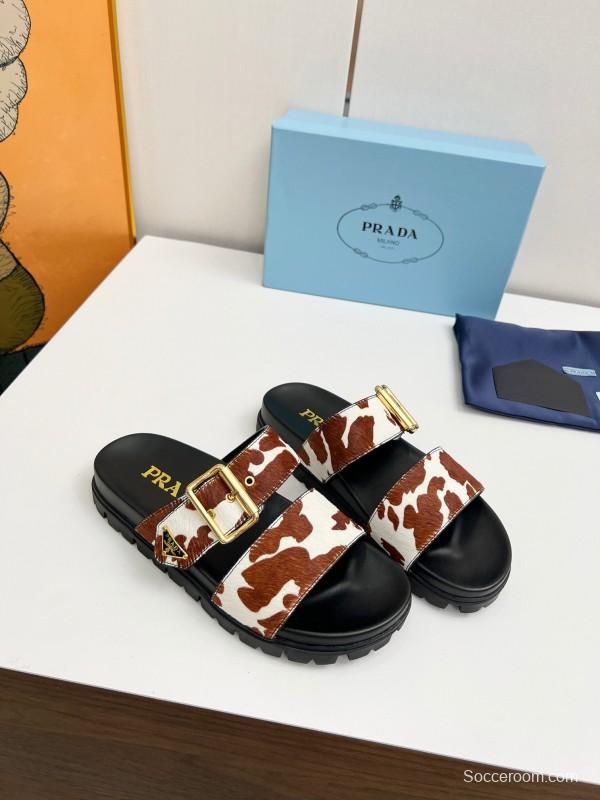 2025 Slippers Prada Brown White Leather Cow Print LY00260