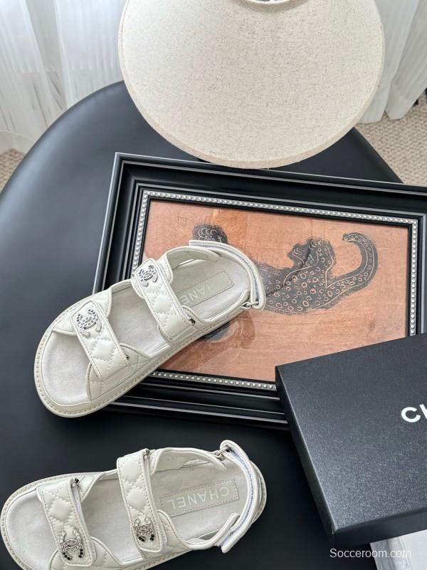 2025 Women Chanel White Leather Sandals LY00320