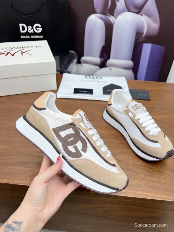 2025 Unisex Dolce & Gabbana White Beige Suede Mesh Sneakers LY00300