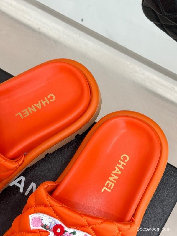 2025 Slippers Chanel Orange Leather Slippers KFY00260
