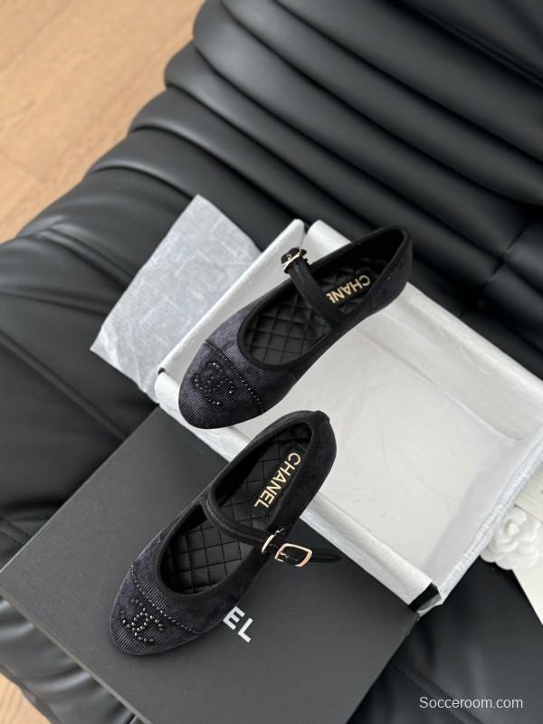 2025 Women Chanel Black Velvet Mary Jane Embroidered LY00280