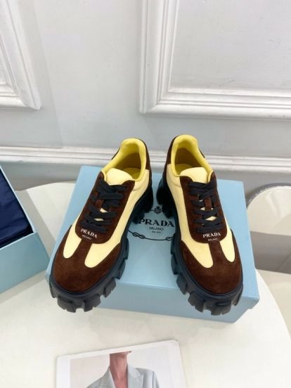 2025 Unisex Prada Yellow Brown Suede Silk Sneakers KFY00310(F)/KFY00330(M)