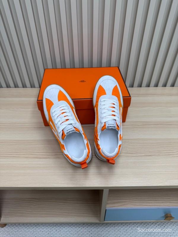 2025 Unisex Hermès White Orange Suede Mesh Sneakers KFY00300