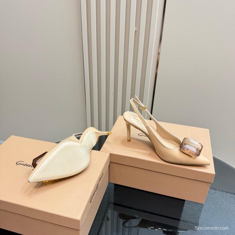 2025 Women Gianvito Rossi Beige Patent Leather Slingback High Heel Gemstone KFY00300