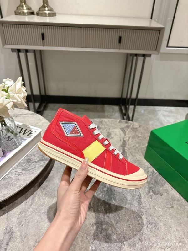 2025 Unisex Bottega Veneta Red Yellow Canvas Leather Sneakers Hand Painted KFY00260(F/M)