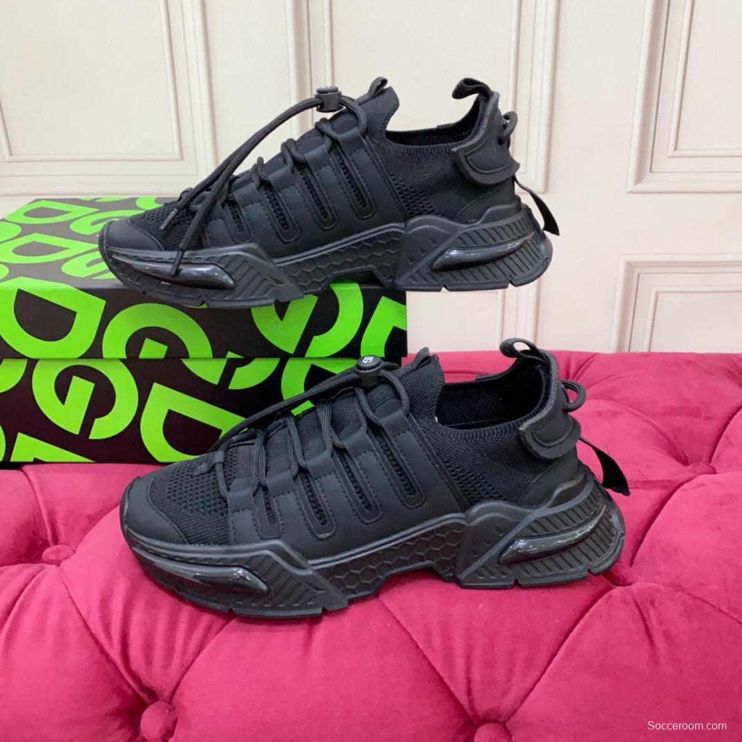2025 Unisex Dolce & Gabbana Black Leather Knit Sneakers LY00340
