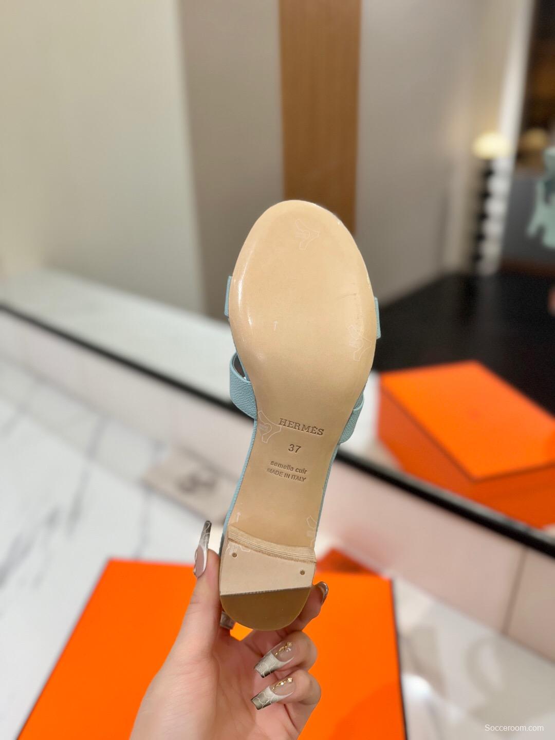 2025 Women Hermès Light Blue Leather Sandals