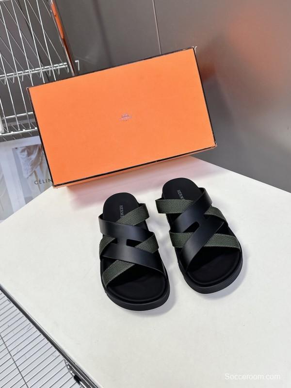 2025 Slippers Hermès Black Green Leather Fabric Slippers