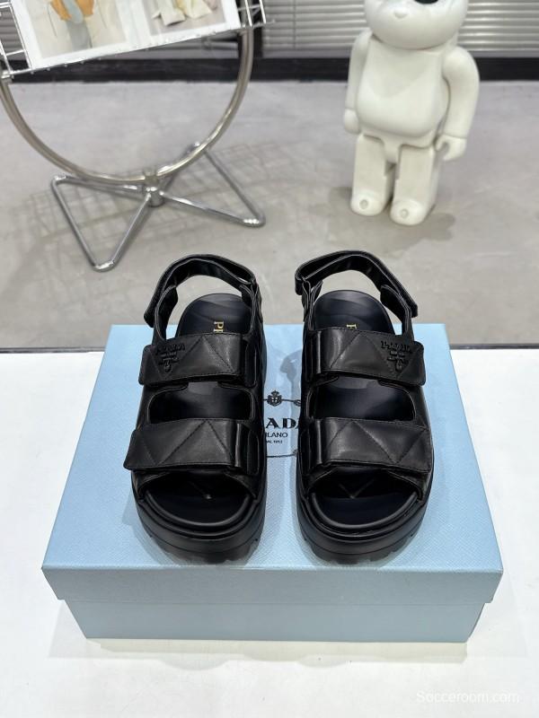 2025 Women Prada Black Leather Sandals