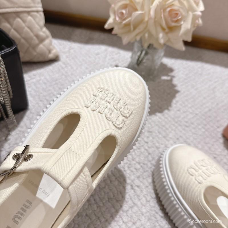 2025 Women Miu Miu White Canvas Platform Mary Jane LY00270