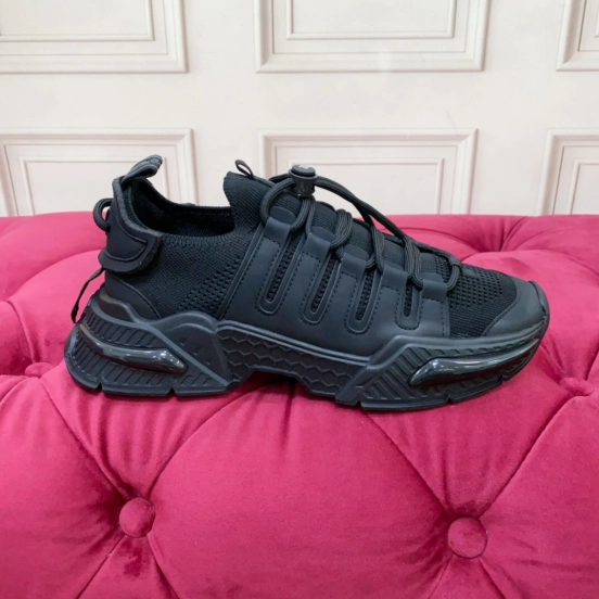 2025 Unisex Dolce & Gabbana Black Leather Knit Sneakers LY00340