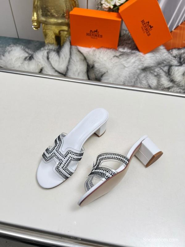 2025 Slippers Hermès White Leather Crystal MJ00180