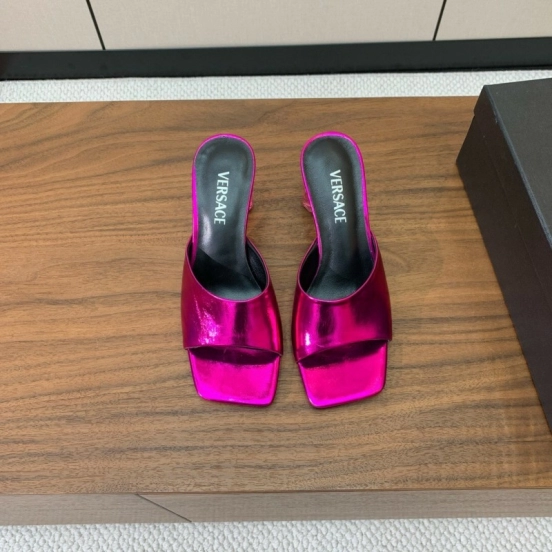 2025 Women VERSACE Pink Leather Slippers