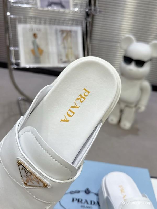 2025 Women Prada White Leather Slip-On Loafers