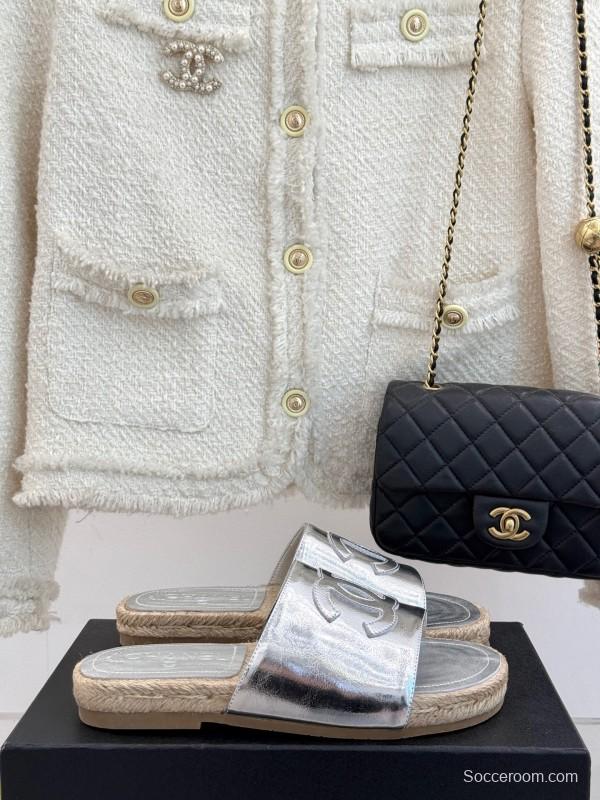 2025 Slippers Chanel Silver Leather Espadrille CC KFY00230
