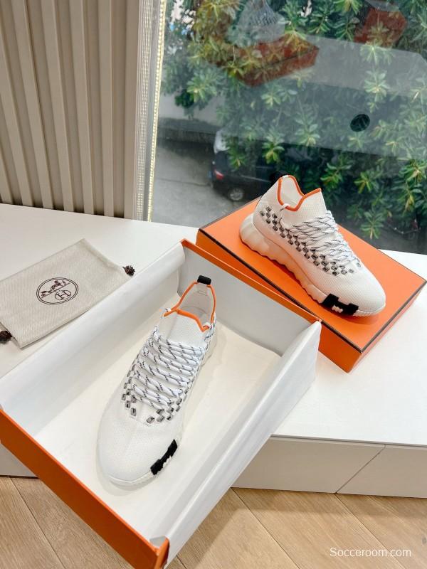 2024 Unisex Hermès White Grey Orange Calfskin Suede Knit Sneakers MJ00290(F/M)