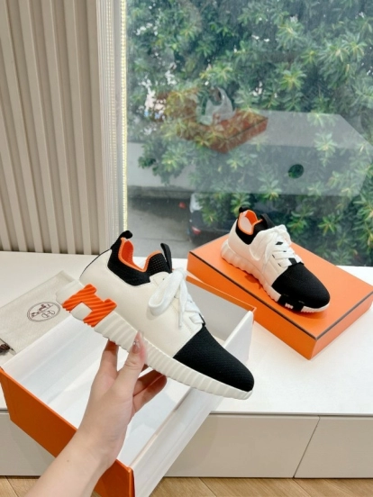 2024 Unisex Hermès Black White Orange Calfskin Suede Knitted Sneakers MJ00290