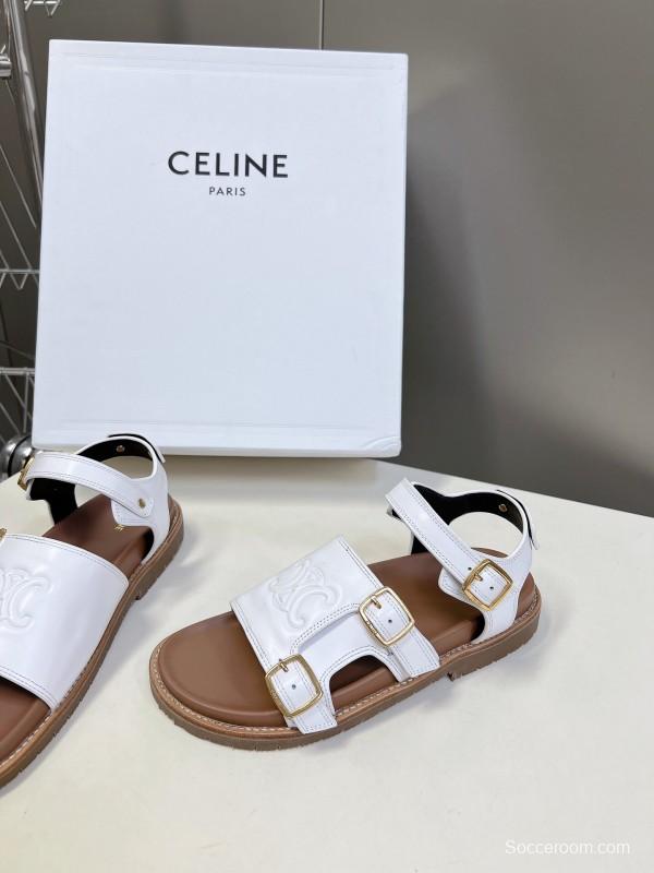 2025 Women Celine White Leather Sandals Buckle KFY00280