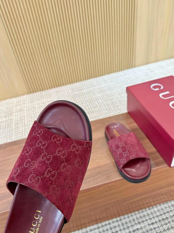 2025 Women Gucci Red Suede Leather Slippers
