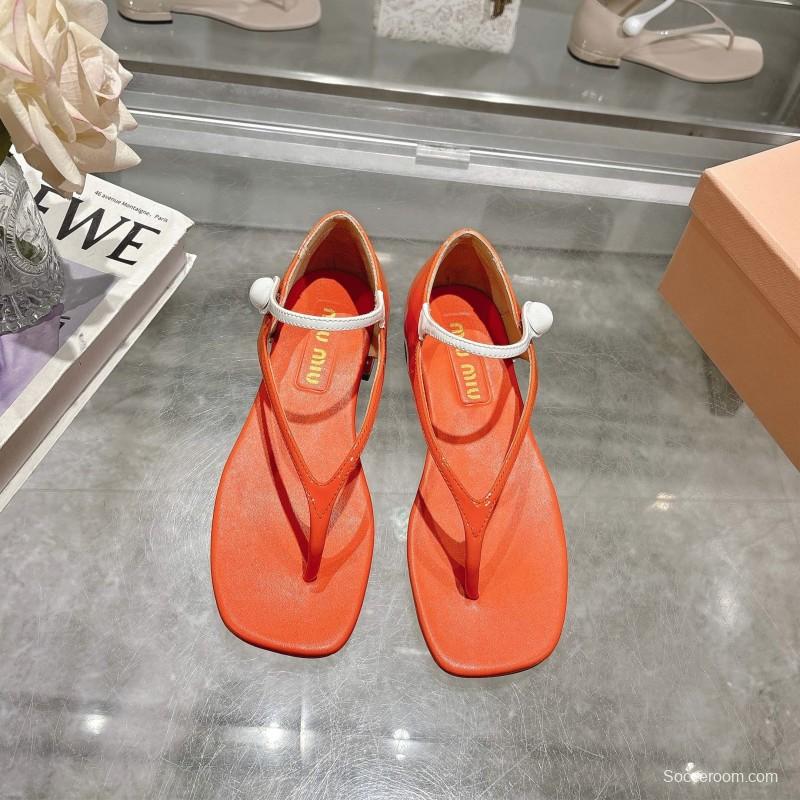 2025 Women Miu Miu Orange Patent Leather T-strap Sandals With Square Toe KFY00289(F)
